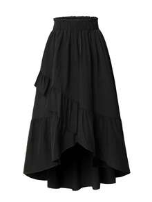 Váy Maxi Cao Thấp Xếp Ly Boho Cạp Cao, Viền Ruffle, Eo Đàn Hồi, Dáng Chữ A, Kỳ Nghỉ Hè, Bãi Biển - màu đen - Xem 8