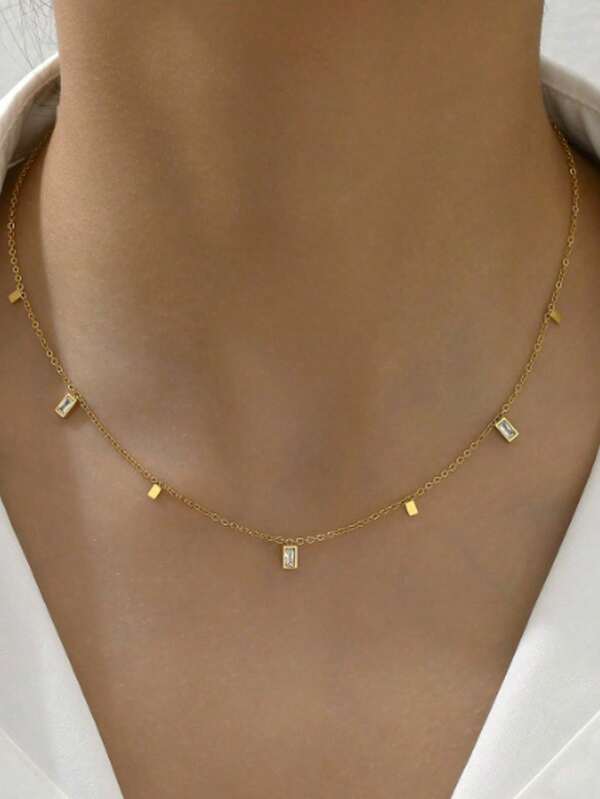 1pc Exquisite Zirconia Tassel Necklace, Stainless Steel Clavicle Chain, Light Luxury High-End French Stacked Temperament Necklace