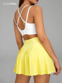 女士纯色高腰百褶网球裙，亮黄色，内置口袋，四向弹力腰带，防蹲运动裙，适合健身、跑步、羽毛球等日常穿着。