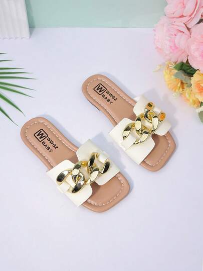 Girls' Gold Chain Sandals - Fashionable Summer Sandals, Girls' Elegant Chain Slide Sandals - Comfortable Summer Shoes, Children's Ivory Chain Sandals - Stylish Beach & Pool Slides