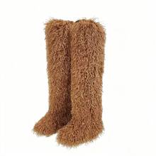 Women's Thigh High Fur Boots Faux Fur Fluffy Flat Warm Over The Knee Boots Tall Furry Snow Shoes For Women - 棕色 - 查看 1