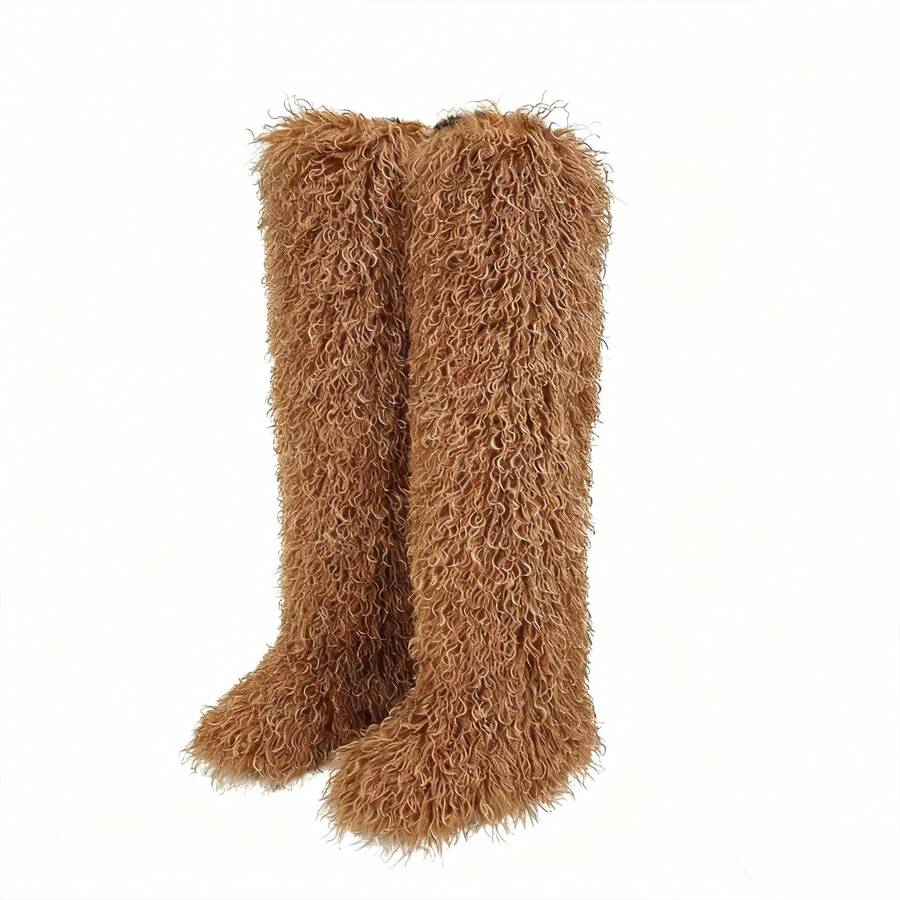 Women's Thigh High Fur Boots Faux Fur Fluffy Flat Warm Over The Knee Boots Tall Furry Snow Shoes For Women - 棕色 - 查看 1