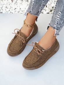 女士纯色系带平底便鞋，适合娇小身材的厚底增高休闲运动鞋，男女皆宜的百搭鞋款 - 棕色 - 查看 6