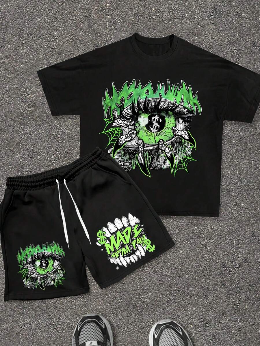 2pcs Men's Two-Piece Short Sleeved Shorts Set, Summer Men's Set T-Shirt+Shorts, Soft And Comfortable Top And Pants, Machine Washable, Dry Cleanable, High-Quality - Punk Style And - Printed Pattern Pullover And Pants, Y2K Style, Suitable For Men's Daily, Street, Outdoor Outings And Wear - 黑色 - View 1