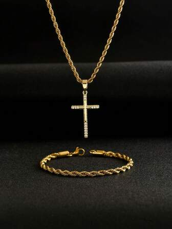 2件套不锈钢镀18K金男士锆石十字架首饰套装，铜质微镶锆石十字架吊坠+不锈钢镀金扭链手链，男士首饰，适合作为节日礼物送给男友