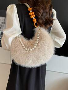 Ladies' Handbag With Fox Fur Wooden Handle; A Fashionable And Versatile Fur Bag For Autumn And Winter, Suitable For Commuting And Outdoor Use