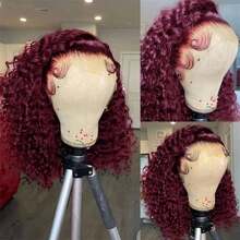 Burgundy 99J Short Deep Wave Lace Front Wigs Human Hair Glueless Wigs Pre Plucked With Baby Hair 250 Density 13x4 HD Transparent Bob Lace Frontal Wigs For Women Brazilian Virgin Kinky Curly Human Hair Wig Natural Hairline - Màu Đỏ Sâu - Xem 2