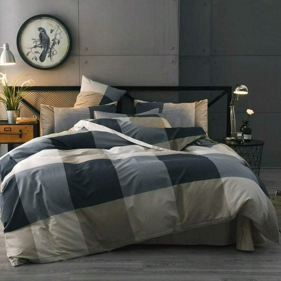 Tan Gingham Grid Duvet Cover Queen 3 Pieces Beige Plaid Duvet Cover 100% Washed Cotton Boho Plaid Comforter Cover With 2 Pillowcases Farmhouse Checkered Gingham Bedding Set Queen,  & Retro Style - A1# 格子 - 查看 1