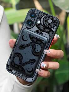 Snake And Crescent Moon + Same Pattern Magnetic Card Holder,Skin-Feel Case Compatible With Wireless Charging Phone Cases Suitable For Compatible With Iphone 17,17AIR,16, 15, 14, 13, 12,PRO MAX PLUS,Wallet Accessory For 1-2 Cards With Built-In - 彩色 - 查看 1