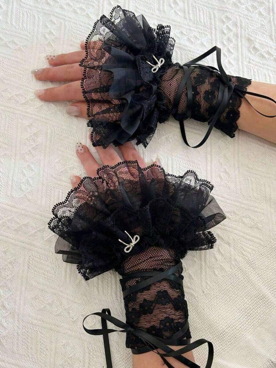 1 Pair Women's Spring/Summer Lolita Style Ruched Edge Lace Cuffs, Sweet Ballerina Fashion Elegant Vintage Sexy Ribbon Cuff Sleeves' - 黑色 - 查看 1