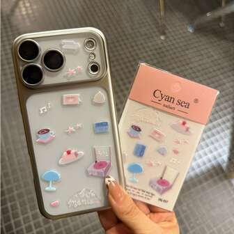 Transparent Phone Case+DIY Cute Card Coffee Cake Jelly Sticker Transparent Phone Case Suitable For 17Pro Max/16Pro/13/12/11/15/14 Plus Anti Drop Protective Case