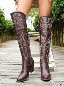 秋冬棕色优雅过膝西部靴，侧拉链设计，时尚百搭，舒适易穿，派对吸睛之作，高跟，牛仔靴 - 咖啡棕 - 查看 6