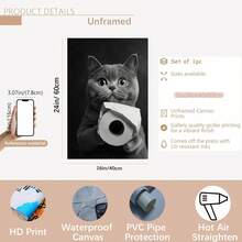 2D 平面，1 件 12 英寸 X 16 英寸无框英国短毛猫拿着卫生纸帆布墙艺术印刷品 - 黑白异想天开的动物装饰，适用于浴室、卧室、客厅 - 现代波西米亚风格家居和办公室装饰，俏皮的设计，耐用的艺术品，送给猫主人的礼物，2D 平面 - 彩色 - 查看 12