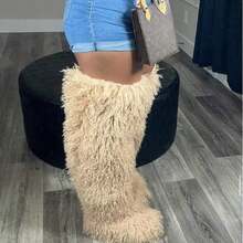 Women's Thigh High Fur Boots Faux Fur Fluffy Flat Warm Over The Knee Boots Tall Furry Snow Shoes For Women - 杏色 - 查看 2