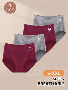 MEIYATING 4 pièces Culottes en coton taille mi-haute pour femmes, confort ajusté, couleur unie - Multicolore - Voir 5