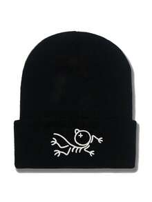 1pc Cartoon Bird Embroidered Streetwear Retro School Style Knit Beanie Hat, Warm Winter Headwear For Men