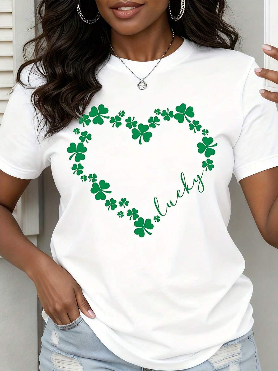 Lucky Shamrock Heart Design White T-Shirt For Women St Patrick's Day Celebration Casual Top - trắng - Xem 1
