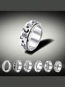 6pcs Stainless Steel Fidget Rings, Complex Moon & Star Spinner Rings For Anxiety Relief, Sensory Jewelry, Non-Plated Design, Fashionable Birthday Gift - 6-piece Men's Ring Set - View 2