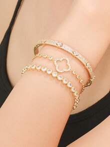 Ensemble de bracelets et de joncs avec fleurs et trèfles à quatre feuilles en zircone, bijoux de mode de luxe pour un port quotidien - Multicolore - Voir 2