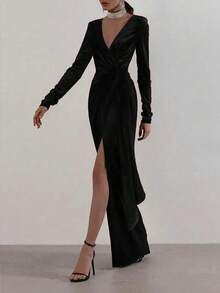 Đầm dài tay bằng nhung thanh lịch, lãng mạn cho buổi hẹn hò Giáng sinh, đầm dự tiệc Giáng sinh màu đen mùa xuân - màu đen - Xem 3