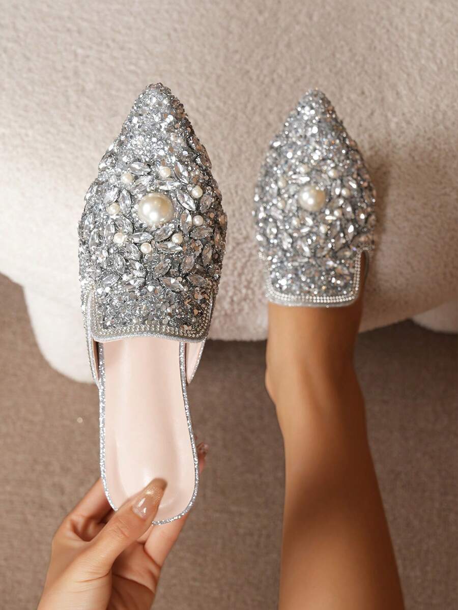 Women's Pointed Toe Mid-Heel Slip-On Mules, Sparkling Rhinestone Embellished, Fashion Dress Shoes For Party & Vacation, Suitable For All Seasons - Silver - View 1