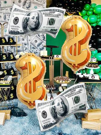 4件套钞票气球套装，包含美元钞票和美元符号铝箔气球，适用于生日派对装饰、金钱主题派对、赌场主题派对、趣味金钱主题派对、银行室内背景装饰气球、主题派对装饰