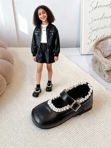 2025圣诞新年礼物,适合3-12岁女孩,黑白波浪蕾丝,漆皮PU材质,防滑鞋头保护,魔术贴低帮包头平底鞋,复古学院风甜美公主鞋,适合日常穿着、学校活动,畅销款 - 黑色 - 查看 4