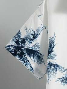 2pcs/Set Boys' Casual Outgoing Fashion Plant Print Patch Front Dropped Shoulder Short Sleeve Shirt Top And Drawstring Shorts, Summer - Navy Blue - View 4