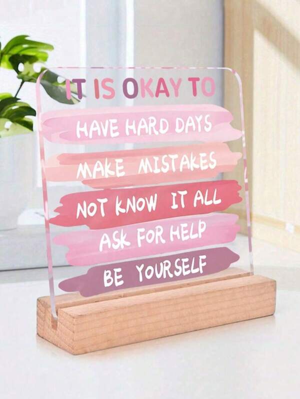 1pc It's Okay Acrylic Block With Wooden Base – Clear Freestanding Quote Sign, Pink Brushstroke Affirmations For Desk, Study Or Counseling Room | Home Decor, Teacher Gifts, Encouragement, Inspirational, Birthday Gift, Christmas Gifts