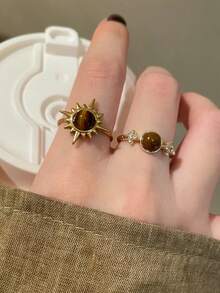 3件套时尚虎眼石向日葵装饰开口戒指，适合女士日常佩戴