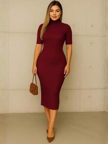 Women's Long Dress With Slit, Elegant Sleeveless Evening Party Dress,  Rib Knit, Premium Cotton. - 紅木色 - 查看 1