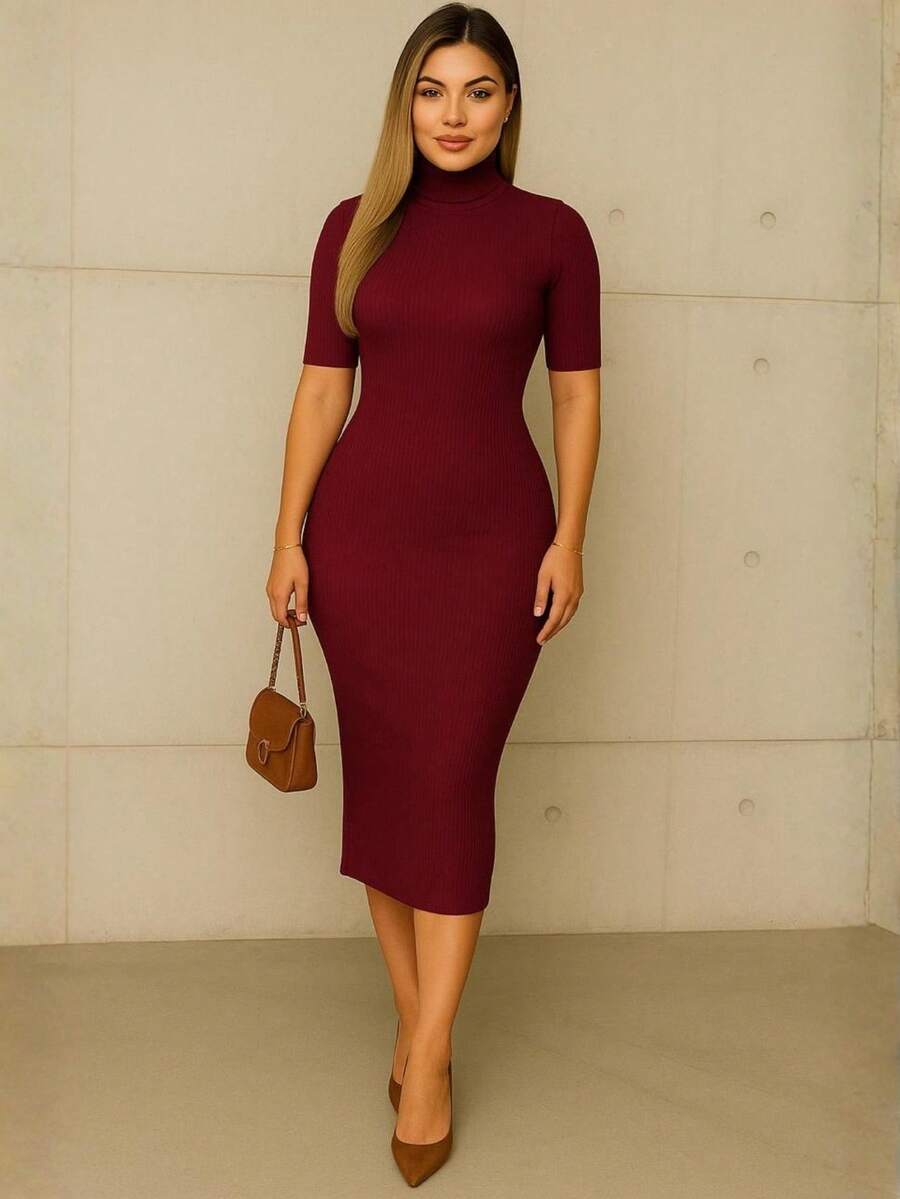 Women's Long Dress With Slit, Elegant Sleeveless Evening Party Dress,  Rib Knit, Premium Cotton. - 紅木色 - 查看 1