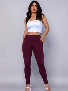 Women's Riding Leggings In Flannel-Lined Spandex With Pockets And High Waist - Burgundy - View 3