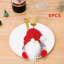 6 piezas Portacubiertos Navideño - Organizador de cubiertos de tela con diseño de Papá Noel y enanito con acentos en forma de corazón, con patrones a rayas rojas y blancas y de lunares, para decoración navideña de la mesa, decoración de mesa navideña, cubiertos no incluidos - Multicolor - Ver 12