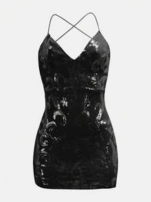 Váy ngắn dự tiệc sequin đen gợi cảm không tay cổ chữ V sâu hở lưng viền bút chì, váy cocktail dự tiệc, váy ngắn cổ chữ V hở hông sequin có dây đeo cho nữ, thanh lịch, sang trọng, xa xỉ, váy dự tiệc thanh lịch, váy Giáng sinh, váy mùa thu, váy mùa đông cho nữ, váy dạ hội, váy lấp lánh - màu đen - Xem 1