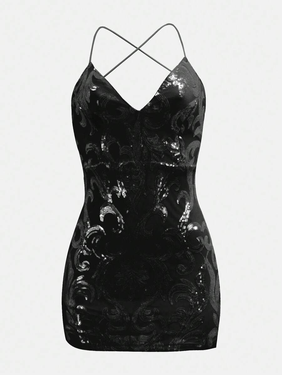 Váy ngắn dự tiệc sequin đen gợi cảm không tay cổ chữ V sâu hở lưng viền bút chì, váy cocktail dự tiệc, váy ngắn cổ chữ V hở hông sequin có dây đeo cho nữ, thanh lịch, sang trọng, xa xỉ, váy dự tiệc thanh lịch, váy Giáng sinh, váy mùa thu, váy mùa đông cho nữ, váy dạ hội, váy lấp lánh - màu đen - Xem 1