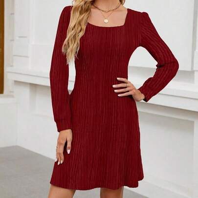 Women's Long Sleeve Knit Sweater Dress – Elegant Square Neck Ribbed Bodycon A-Line Mini Dress For Fall Winter