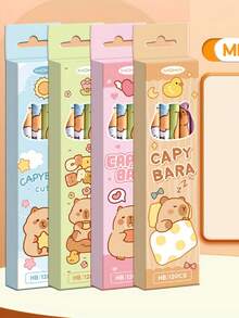 12支/盒卡通水豚图案HB铅笔带橡皮擦，必备文具礼盒套装，可擦铅笔，学习用品，学生铅笔，学习配件 - 彩色 - 查看 1