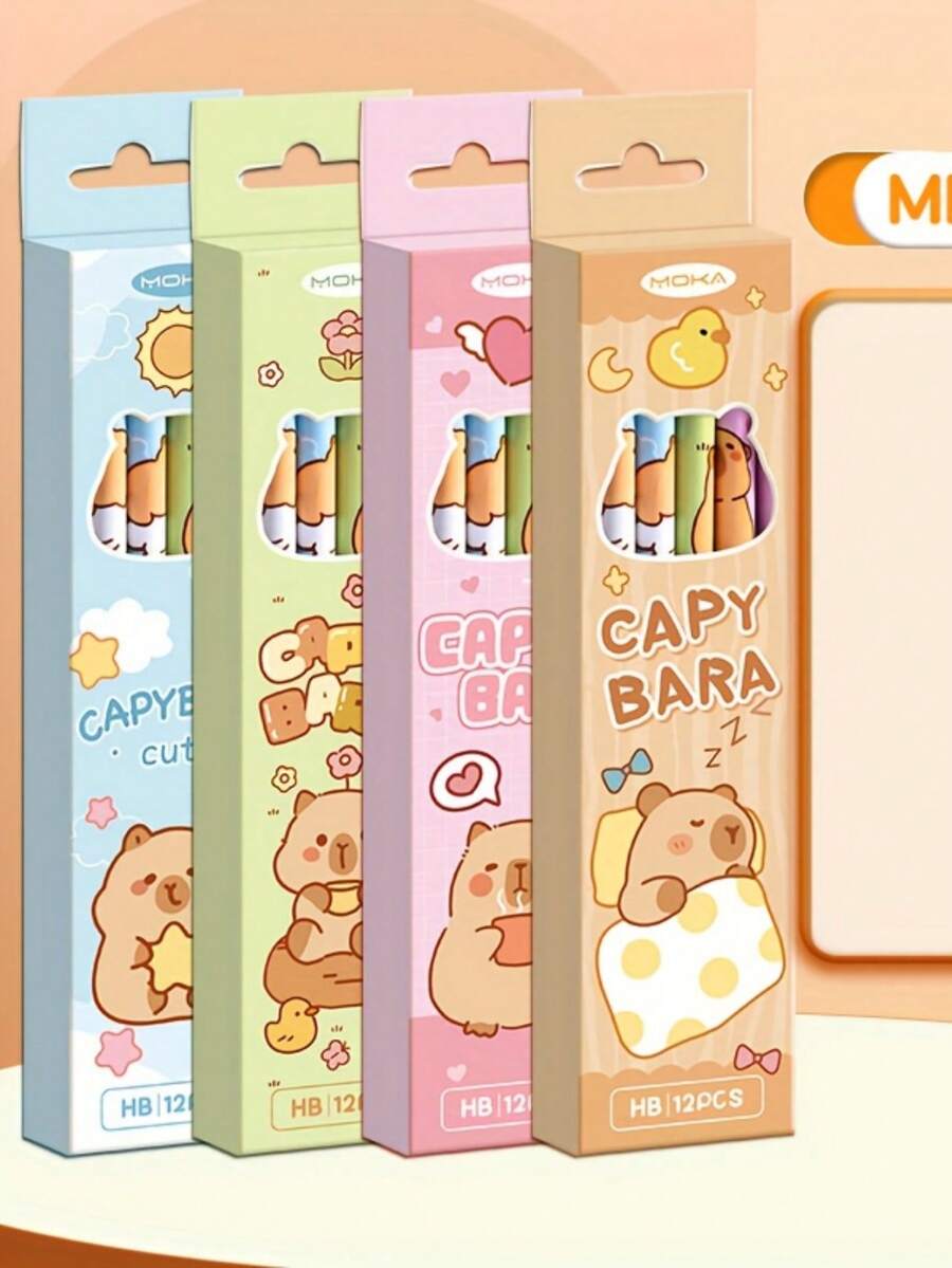 12支/盒卡通水豚图案HB铅笔带橡皮擦，必备文具礼盒套装，可擦铅笔，学习用品，学生铅笔，学习配件 - 彩色 - 查看 1