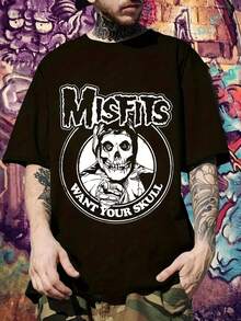 Men'S Misfits Want Your Skull Graphic-Shirt - Black Streetwear Tee With Skull & Roses Design, Casual Short Sleeve Tshirt Summer, Everyday Tshirt|   Bold Graphic Tee|   Comfortable Fit, Shirts - 黑色 - 查看 1