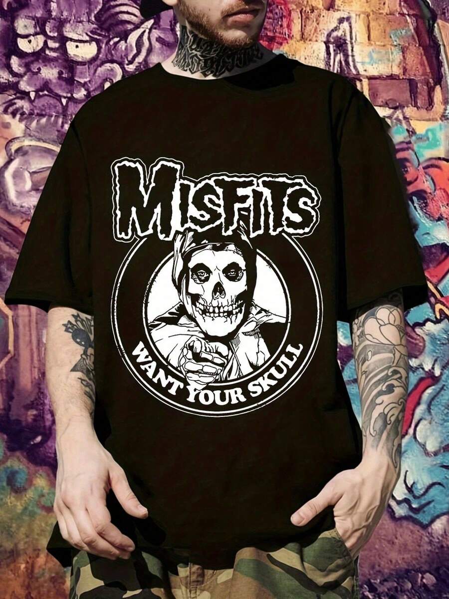 Men'S Misfits Want Your Skull Graphic-Shirt - Black Streetwear Tee With Skull & Roses Design, Casual Short Sleeve Tshirt Summer, Everyday Tshirt|   Bold Graphic Tee|   Comfortable Fit, Shirts - 黑色 - 查看 1
