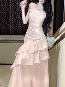 优雅别致晚宴鸡尾酒会礼服婚礼宾客蕾丝荷叶边长款吊带连衣裙修身沙滩装女装 - 淺粉色 - 查看 6