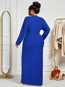 BIUBIU 大码女式长袖V领休闲优雅简约春秋冬装，适合返校季和感恩节穿着 - 寶藍色 - 查看 3