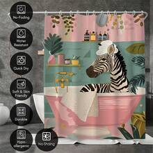 1件斑马纹浴帘 - 斑马在浴缸里洗澡，趣味动物设计，搭配绿色植物和瓷砖图案，防水防霉，可机洗，涤纶材质，不透光，轻盈透气。颜色可能因光线条件略有不同。包含12个挂钩 - 艺术浴室装饰。 - 彩色 - 查看 4