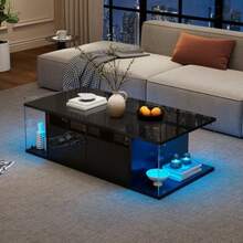 100*50*30cm Living Room Coffee Table, Sofa Table With LED, High Gloss + Tempered Glass Design, Coffee Table With 2 Cabinets, Simple Design Side Table, Black, Chipboard - Black - View 2