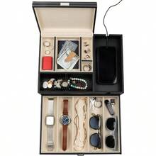Mens Jewelry Box Nightstand Organizer - Everyday Carry Valet Tray For Men - Watch And Jewelry Box For Men With Large Smartphone Charging Station - Mens Jewelry Organizer And Valet Box - Ivory - View 1