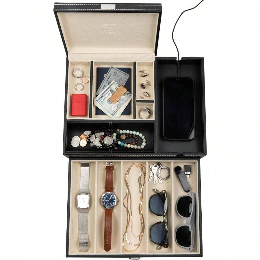 Mens Jewelry Box Nightstand Organizer - Everyday Carry Valet Tray For Men - Watch And Jewelry Box For Men With Large Smartphone Charging Station - Mens Jewelry Organizer And Valet Box - Ivory - View 1