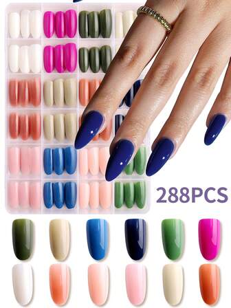 288 pezzi di unghie acriliche corte a mandorla da applicare, 12 colori diversi lucidi, unghie artificiali acriliche finte, adatte come regalo per ragazze e donne, adatte per feste, appuntamenti e uso quotidiano