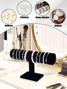 1个阳光闪亮手镯展示架，优雅黑色天鹅绒T型手镯收纳架，黑色珠宝塔，带天鹅绒罩的豪华木质手镯架，桌面珠宝展示架 - 彩色 - 查看 4