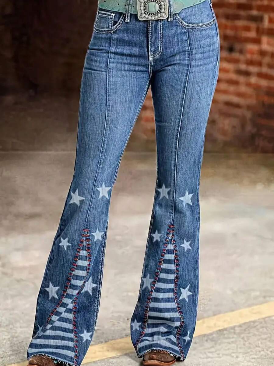 Women's High Waist Stretch Flare Jeans With Star Print, Washed Denim Pants With Pockets And Button For All Seasons - Màu xanh 3 - Xem 1